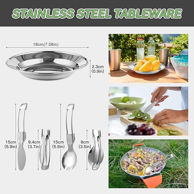 Camping Cookware Mess Kit Lightweight Aluminum Alloy Includes Pot Pan Kettle Dishes Cups Utensils Folding Bucket and Carrying Bag - Compact Outdoor Cooking Set for Hiking