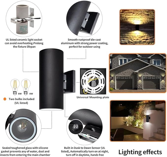 Outdoor Wall Light Exterior Lighting with Dusk to Dawn Sensor - 2 Light Bulbs Included Aluminum Waterproof Wall Mount Cylinder Design - Up Down Light Fixture for Porch Backyard and Patio