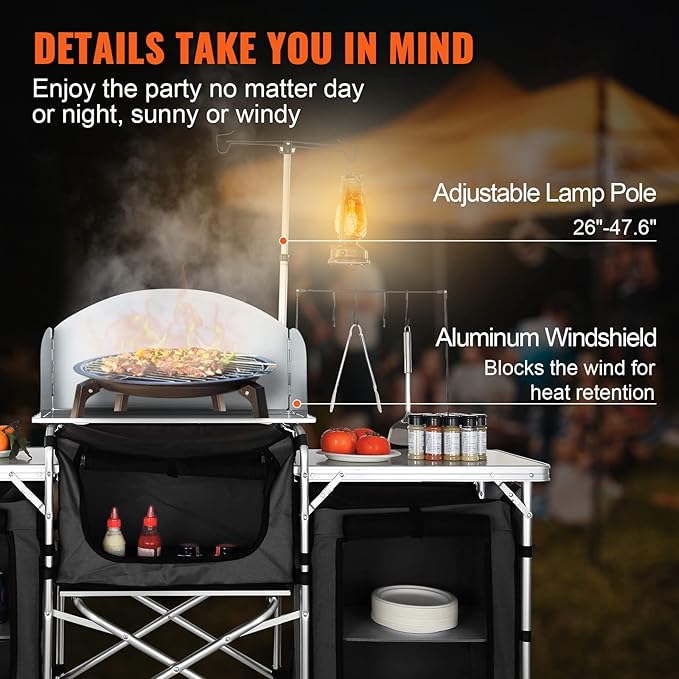 VEVOR Camping Kitchen Table Folding Outdoor Cooking Table with Storage Carrying Bag Aluminum Cook Station 3 Cupboard &amp Detachable Windscreen Quick Set-up for Picnics BBQ RV Traveling Black