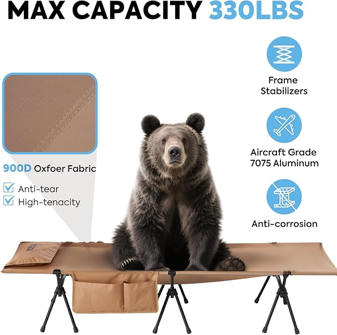 ICECO Camping Cot with Camping Blanket for Adults 900D Oxford Fabric Height Adjustable with Cot Leg Extenders Sleeping Cot for Camping Hiking Beach Home Lightweight Comfortable (L-Khaki)