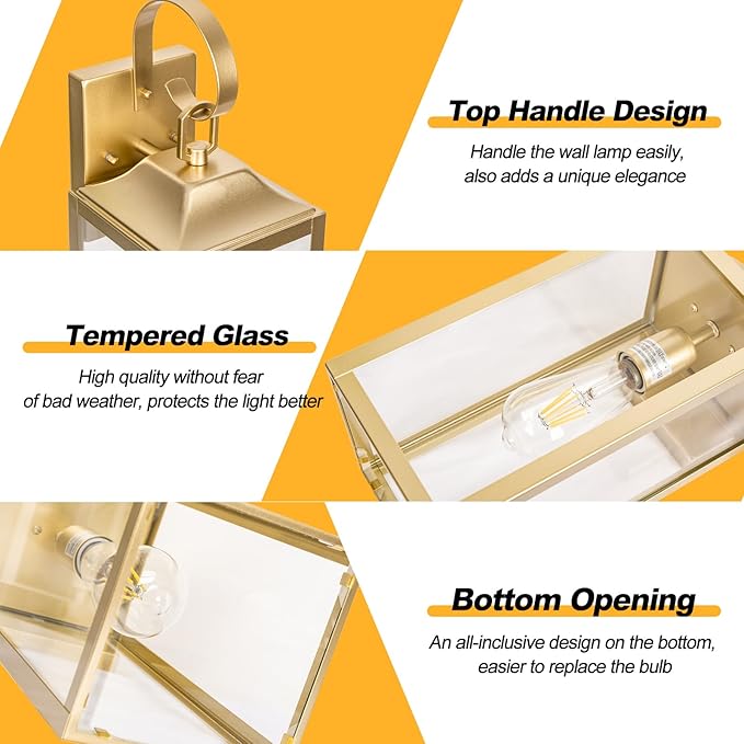 Large Outdoor Wall Lantern 19 Gold Outside Farmhouse Wall Sconce Light Fixture Industrial Wall Mount Light with Glass Waterproof Modern Porch Lighting Exterior Lamp for House Garage