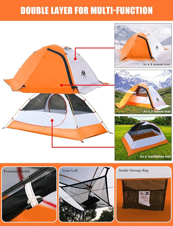 AYAMAYA 4 Season Backpacking Tent 2 Person Camping Tent Ultralight Waterproof All Weather Double Layer Two Doors Easy Setup 1 2 People Man Tents for Backpacker Outdoor Hiking Survival