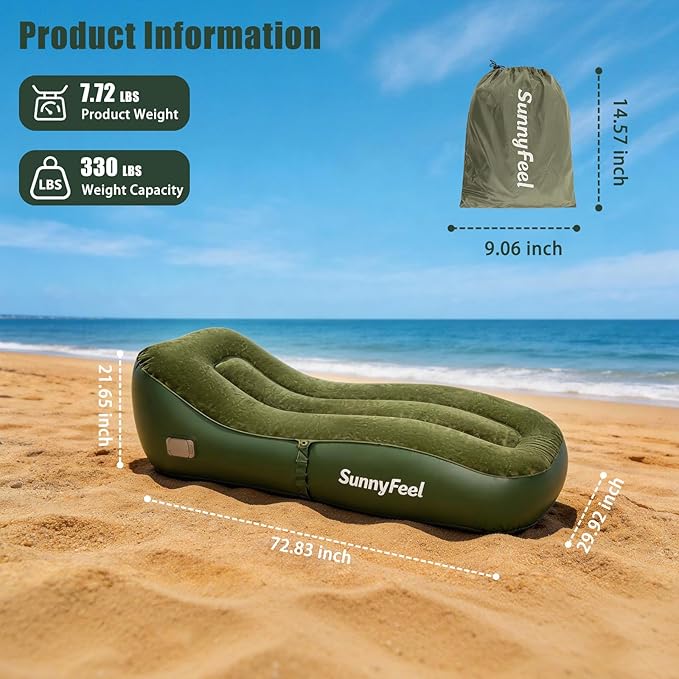 SUNNYFEEL Inflatable Lounge Chair with Built-in Pump Heavy Duty PVC Flocked Inflatable Sofa for Adults Portable Air Lounger for Camping Beach Home &amp Outdoor Army Green