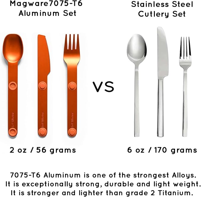 FULL WINDSOR - MAGWARE Magnetic Camping Cutlery Set - Travel Utensils for Camping Cooking and Outdoor Dining - Knife Fork &amp Spoon - Portable Silverware with Pouch for Backpacking - Orange (3 PC