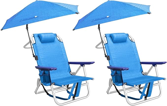 Beach Chair Backpack Chairs for Adults with Adjustable Umbrella Folding Beach Chairs with Storage PouchCup Holder &amp Towel Rack Adjustable Lounge Chair for Seaside（2pcs/Blue）