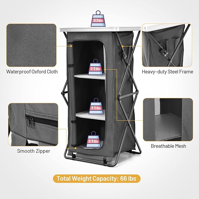 Giantex Folding Camping Storage Cabinet with 3 Shelves and Carry Bag Portable Outdoor Organizer Kitchen Table Quick Set-up for BBQ Picnic Backyard Compact Pop-Up Cupboard 47''H