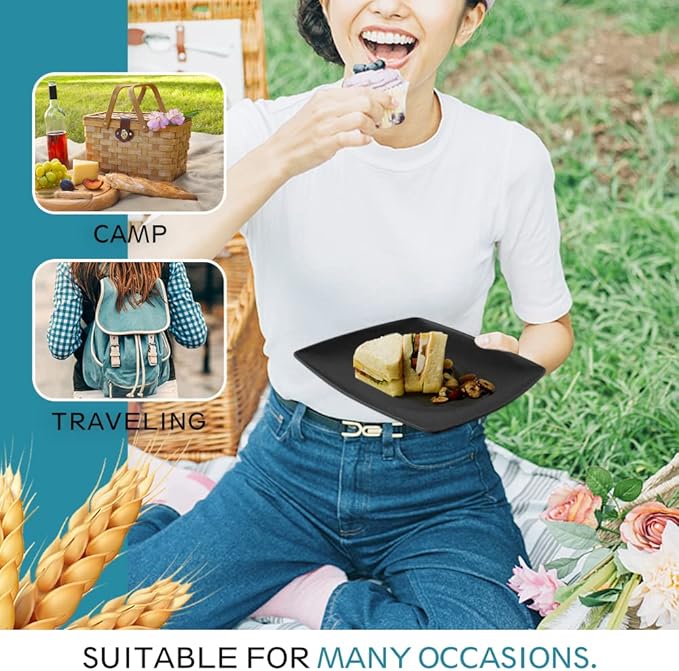 Teivio 16-piece Plastic Wheat Straw Square Dinnerware Set for 4 Unbreakable Dinner Plates Salad Plates Snack Bowls Tumblers 13.5 oz Dishwasher Safe Kitchen Outdoor CampingBlack