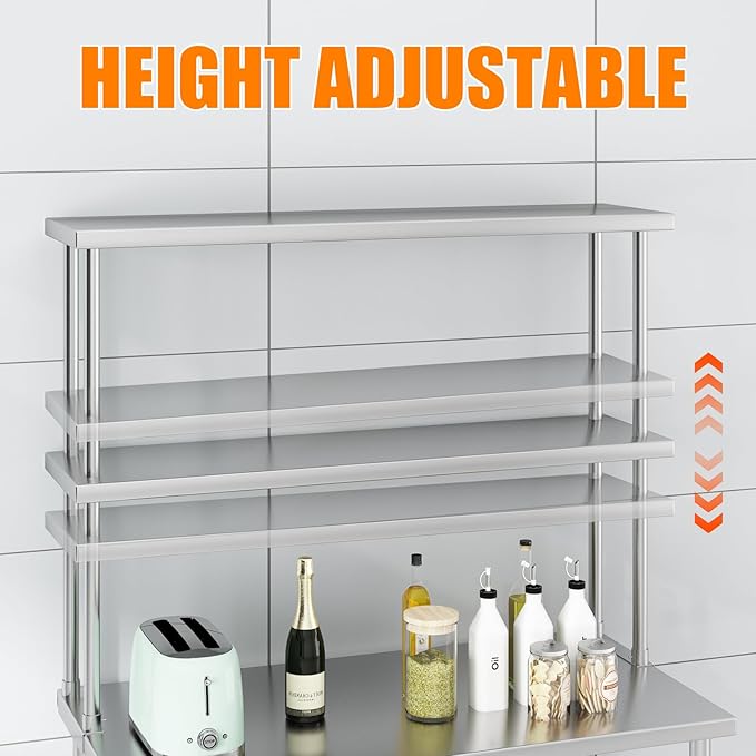 2-Tier Stainless Steel Overshelf for Work &amp Prep Table 12x48 inch Commercial Adjustable Double Shelf Heavy Duty Storage Rack for Kitchens Utility Rooms Restaurants &amp Garages