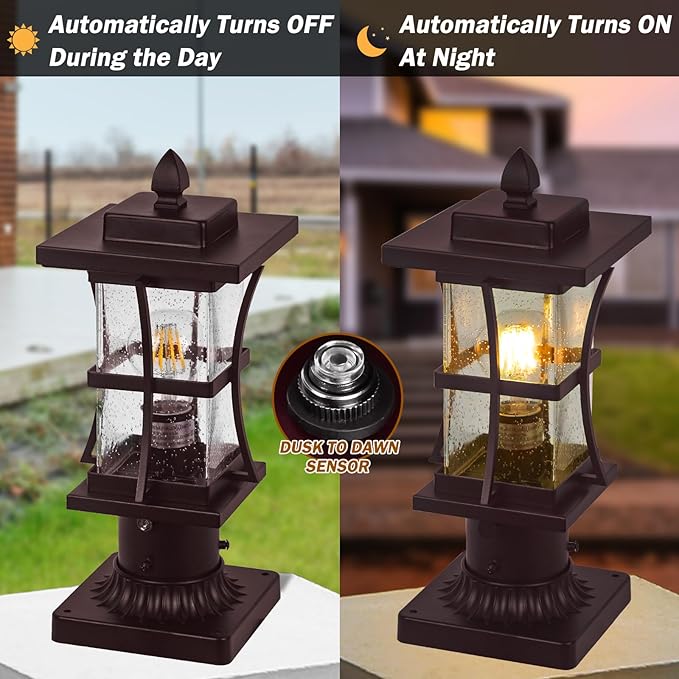 Dusk to Dawn Bronze Outdoor Post Light Fixtures with Pier Mount Base 2 Packs Outdoor Pole Lighting Waterproof Pillar Lantern Farmhouse Outside Column with Seeded Glass for Pathway Garden Patio