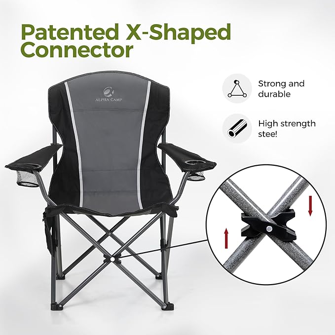 ALPHA CAMP Oversized Camping Folding Chair - Heavy Duty Steel Frame Support 350 LBS Collapsible Padded Arm With Cup Holder Quad Lumbar Back Portable for Outdoor/Indoor