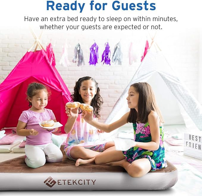 Etekcity Camping Air Mattress Inflatable Mattress Air Bed Queen Twin with Rechargeable Pump Leak-Proof Blow Up Mattress Raised Airbed  Height 9 Storage Bag  Brown