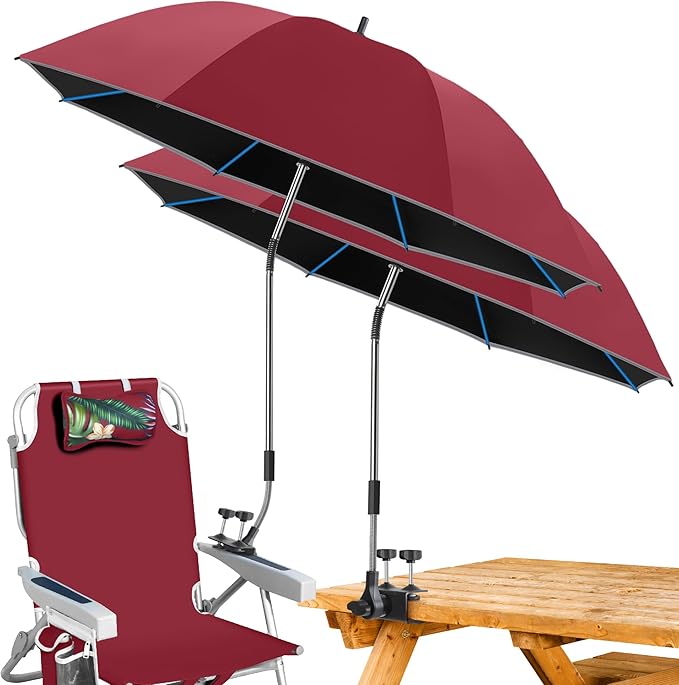 2PACK 48.7inch Umbrella for Beach Chair 360°Adjustable 50+ UV Protection Large Camping Chair Umbrella with Universal Clip for Glof Cart Garden Table Bleacher（ChairTable not include）