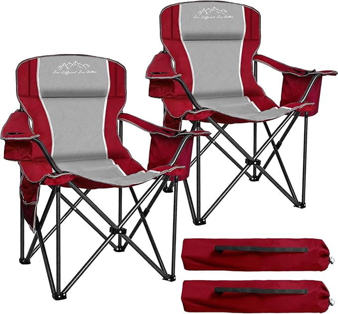 2PCS Folding Camping Chair Portable Outdoor Heavy Duty Padded Chairs Lawn Chair with Cup Holder Storage Pocket and Cooler Bag Supports 480LBS Red