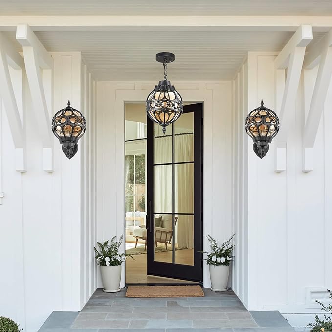 Dusk to Dawn Globe Outdoor Pendant Lights for Porch Garage Black Round Aluminum Anti-Rust Hanging Lighting Fixture Industrial Exterior Ceiling Lantern Light with Amber Glass 2 Pack