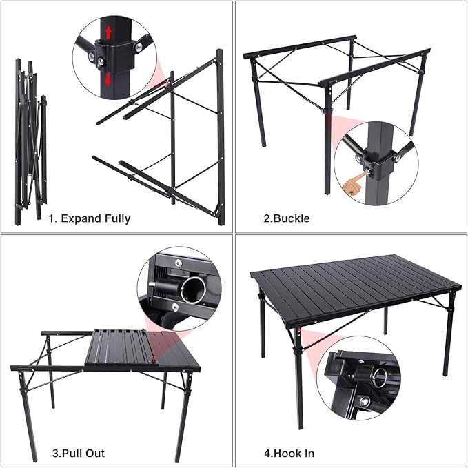 REDCAMP Roll Up Camping Tables That Fold Up Lightweight Portable Compact Metal Camp Table for Grill Outdoor Picnic Black Long