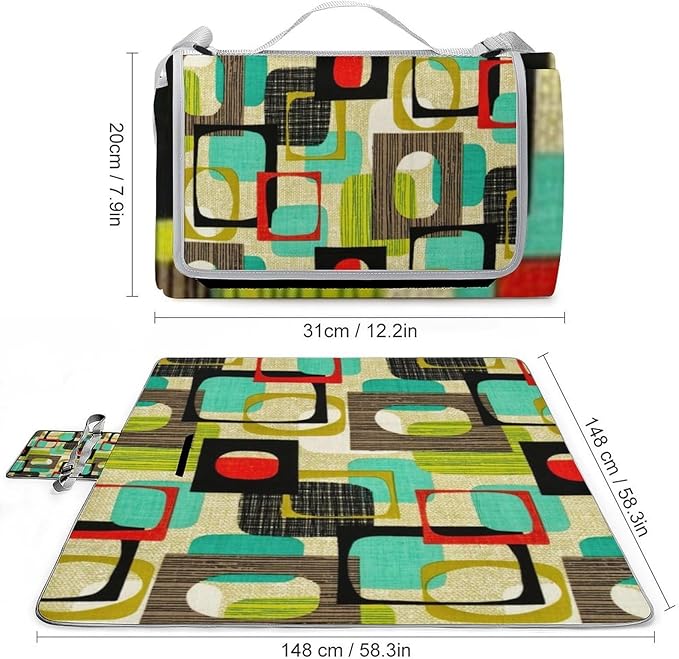Vintage Mid Century Modern Lime Atomic Pattern Waterproof Outdoor Picnic Blanket Sandproof Beach Mat for Camping Hiking Grass Travelling