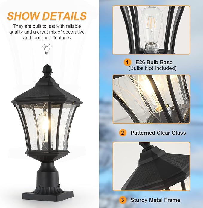 Post Lights Outdoor Post Lantern 20 Exterior Post Coach Light with Pier Mount Base Weather Resistant Aluminum with Clear Glass Pier Mount Lantern Black Outdoor Pole Lamp for Patio Porch Yard