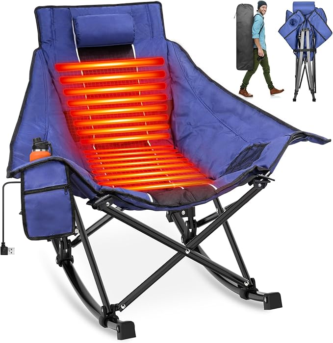 Suteck Heated Rocking Camping Chair - Fully Thicker Padded Heated Chairs for Outdoor Sports W/3 Heat Levels for Back &amp Seat Heated Folding Chair for Adults with Carry Bag- Battery NOT Included