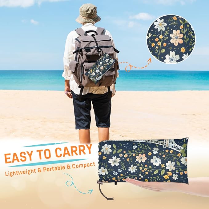 Waterproof Sandproof Beach Blanket 59''×68'' Plant Architectural Landscape Polyester Outdoor Picnic Blanket with 4 Stakes &amp Storage Bag for BeachCampingVacation Retro Blue