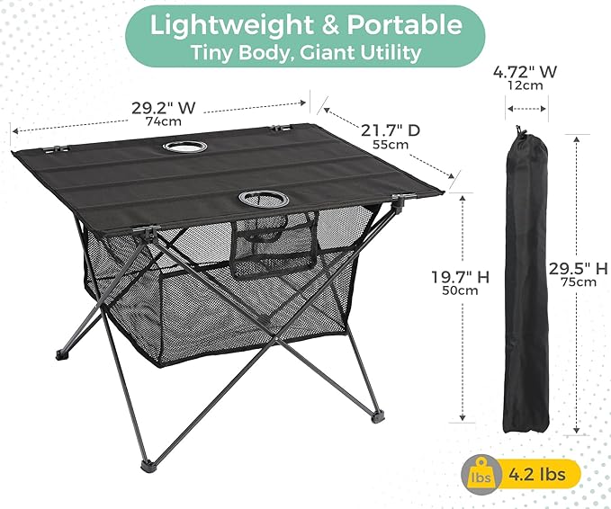Lightweight Camping Table - Portable Folding Beach Side Table w/2 Cup Holders &amp Large Storage Basket Compact Fold for Tailgate Travel Outdoor Fishing Picnic | 29.2 W x 21.7 D (Black)