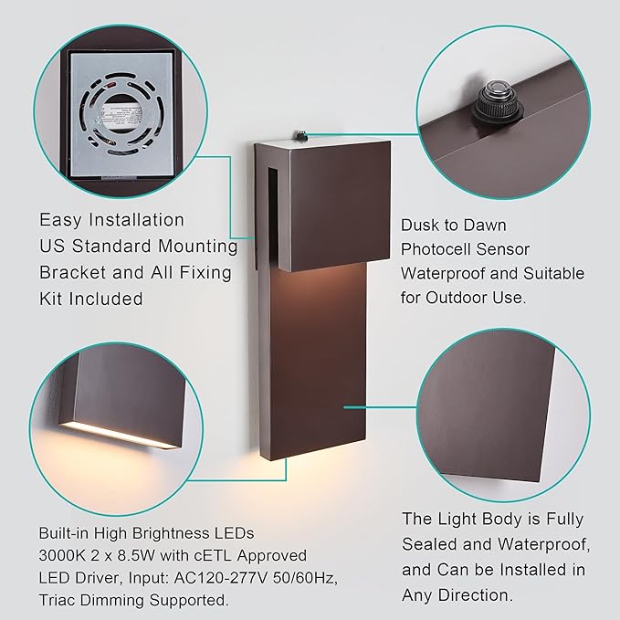 15IN Outdoor Wall Sconce FixtureDusk to Dawn Patio LightsWaterproof Exterior LampModern Wall Mounted with 17W 3000K LED Bronze FinishOutside Lights for House Front Door Entryway