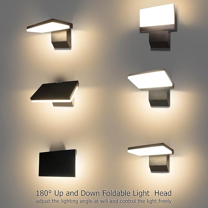 Modern Outdoor Wall Light 18W 1980LM Black Aluminum Patio Wall Sconce IP65 Waterproof LED Porch Lights 3000K Foldable Exterior Lighting Fixtures for House Garden Garage