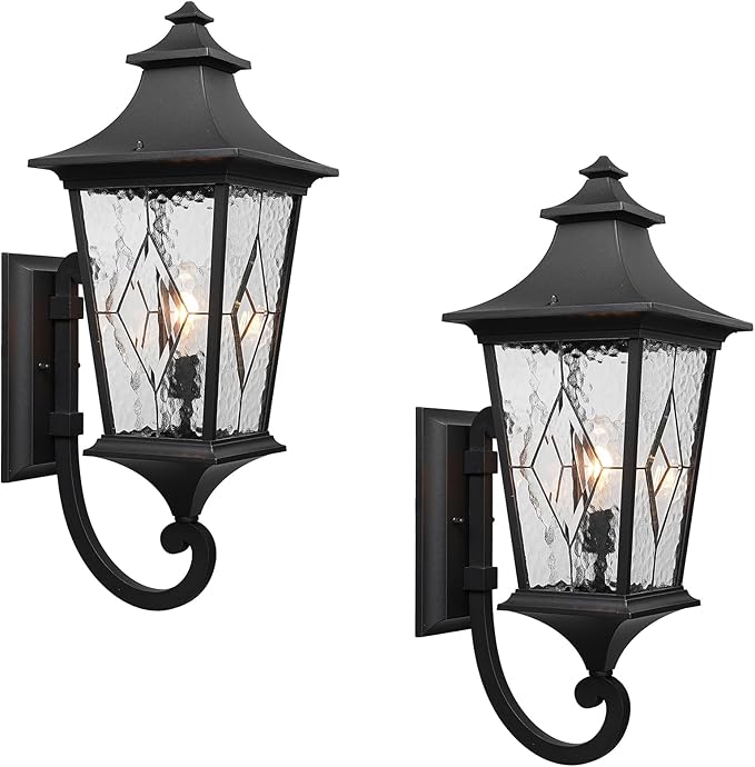 Outdoor Garage Lighting Fixtures 14.6 Inch Outdoor Wall Sconce Light Waterproof Outdoor Light Fixtures Wall Mount with Water Ripple Handmade Glass for Porch 2-Pack E26 Socket