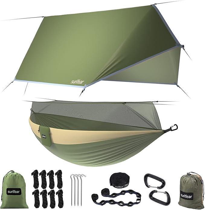 Sunyear Camping Hammock Portable Single &amp Double Hammock with Net 2 Person Hammock Tent with 2 * 10ft Straps Best for Outdoor Hiking Survival Travel