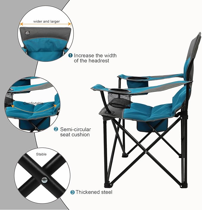 Oversized Folding Camping ChairHeavy Duty Padded Portable Lawn Chair w/Extra Large Cup HolderSide Pocket for Adults Outdoor Sports Hiking Beach Garden PicnicBlue
