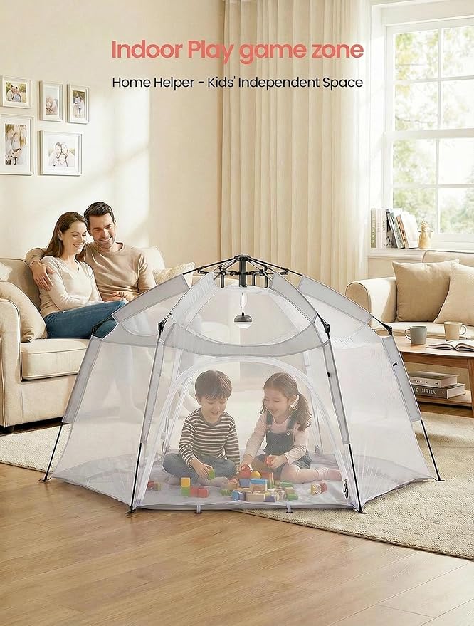 Portable Large Kids Beach Tent Shelter with Canopy UV Cover Indoor Outdoor Camping Tentwith Thick Removable Floor for Sleeping Or Beach Shelter (Light Grey)