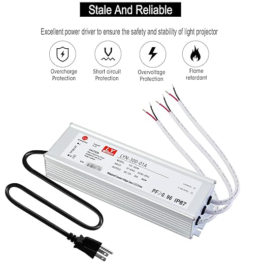 LED Driver 300 Watts (100W X3) 25A Waterproof IP67 Power Transformer Adapter 90-265V AC to 12V DC Low Voltage Output with 3-pin Plug 3.3 ft LED Cable for LED Lighting Outdoor Light and Any 12V DC