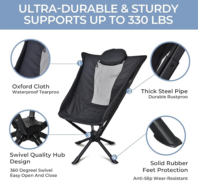 East Oak Swivel Camping Chair – High-Back Portable Folding Chair with Pillow Sets Up in Seconds Supports Up to 350 lbs Compact Lightweight Backpacking Chair for Hiking Beach and Sports Events