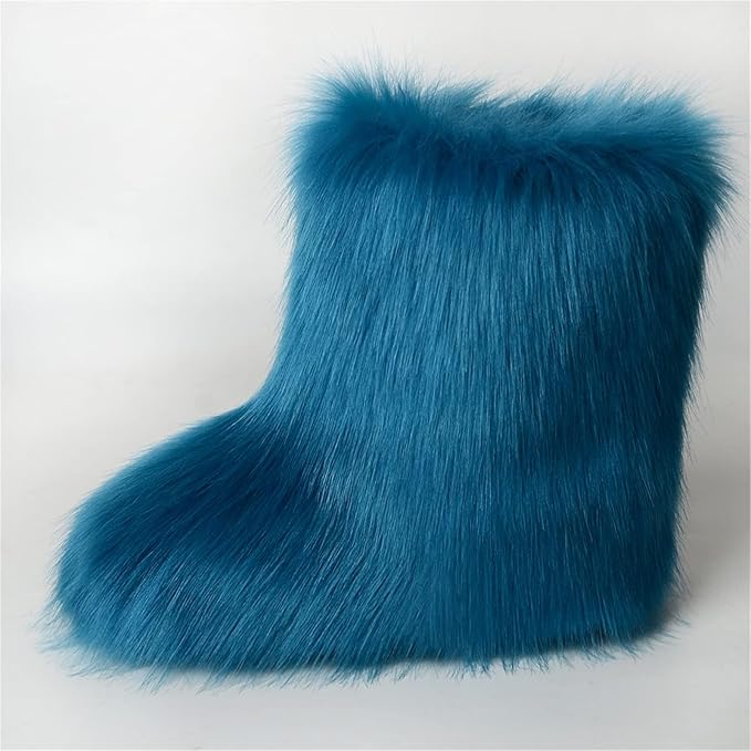 Womens Furry Faux Fur Booties Winter Warm Snow Ankle Boots Fuzzy Fluffy Furry Mid Calf Boots Outdoor Comfy Flat Shoes