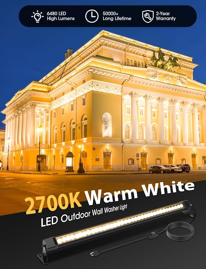 2-Pack Pro-Grade LED Wall Washer Light Bar 54W 6480LM 2700K Warm White 40-Inch IP67 Waterproof 120V Linear Outdoor LED Light Bar Landscape Lighting with On/Off Switch