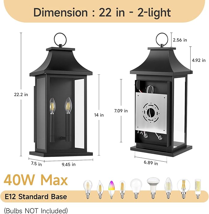 Large Outdoor Wall Lights Dusk to Dawn Sensor Outside Lights Exterior Lighting Fixtures Wall Mount Wall Sconce Light Outdoor Lanterns for Porch Black 22 2-Light 1-Pack
