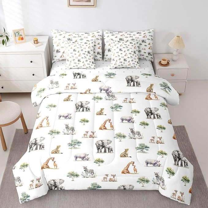 Cute Giraffe Zebra Elephant Comforter Set with SheetsPillowcases &amp Cushion Cover Zoo Animal 7 Piece Bedding Set for Boys Girls Room Decor Cartoon Animal Bed in a Bag King Size Wildlife Microfiber