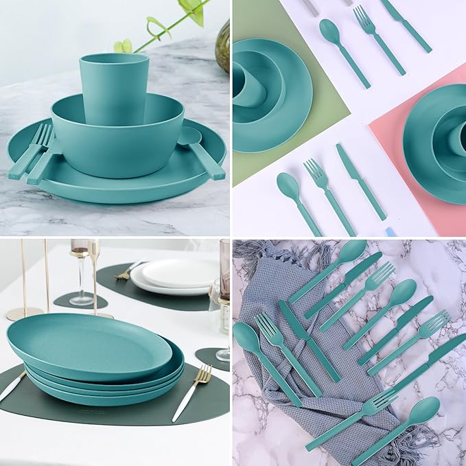 24pcs Wheat Straw Dinnerware Sets Wheat Straw Plates and Bowls Sets for 4 Microwave Dishwasher Safe Lightweight （Green）