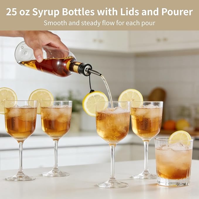 Lnrueg 12 Pcs 25 oz Plastic Liquor Bottles with Aluminum Lids and Stainless Steel Pourer - Clear Plastic Wine Bottle PET Long Neck Refillable Bar Bottles for Home Bar Beverages