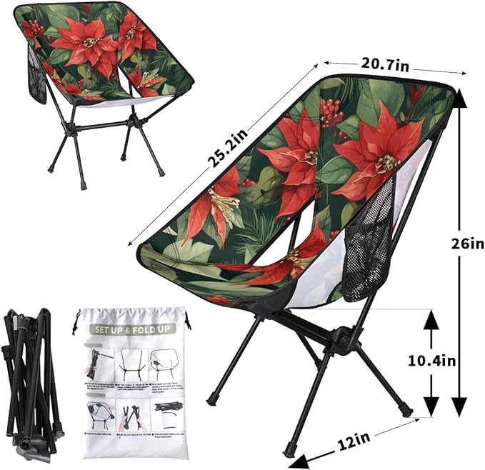Portable Camping Chair Holly Berry Flowers Ultralight Folding Camping Chair Christmas Flowers Backpacking Hiking Chair with Cup Holder for Outdoor Travel Beach Picnic Festival 176 lbs Capacity