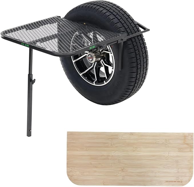 Tire Table with Included Bamboo Cutting Board and/or Carrying Bag Aluminum or Steel Small Medium or Large Sizes Installs in Seconds Check Bullets for Dimensions and Compatibility