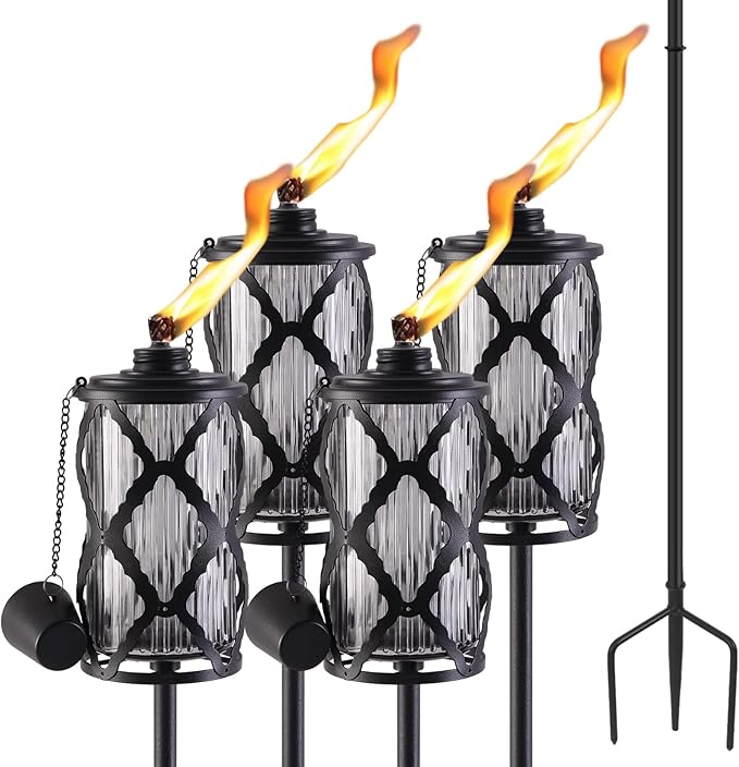 Home Garden Torch Set of 4 Large Capacity 16oz Outdoor Glass Torch Garden Décor58-Inch Upgraded Citronella Torches with 3-Prong Grounded Stake Torches for Party Patio Pathway