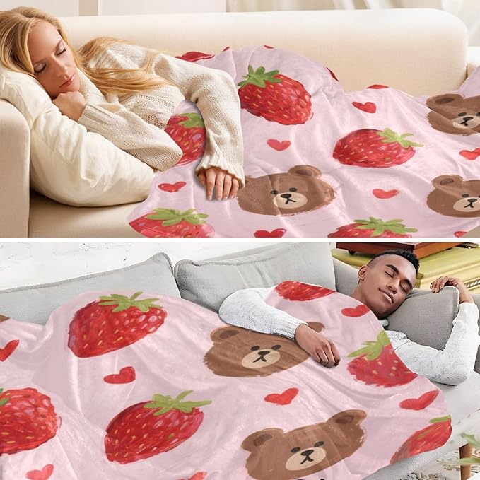 Throw Blanket Soft Cute Cartoon Brown Bear Strawberry Teen Girl Throw Blanket 50'' x 70''