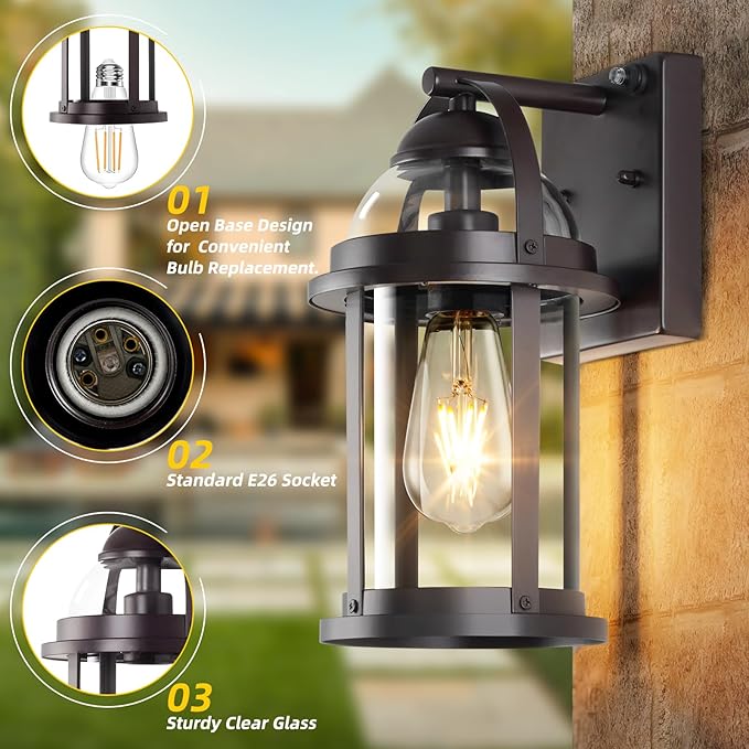 OKELI Dusk to Dawn Outdoor Wall Lights Waterproof Lighting Fixtures Rustic Farmhouse Wall Lanterns with Clear Glass Shades Anti-Rust Outside Lights for Garage Patio Porch(Brown 2 Pack)