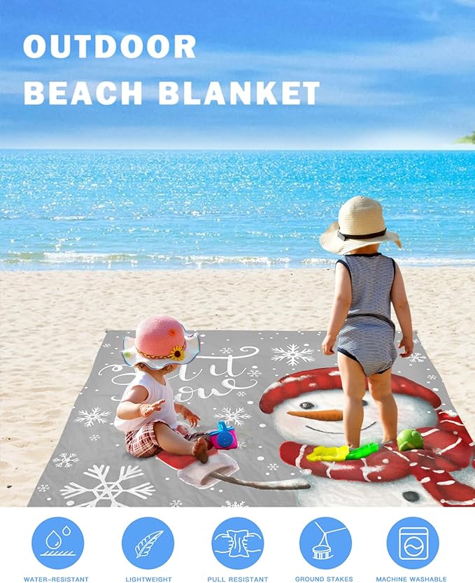 Beach Blanket Waterproof Sandproof Christmas Snowman Snowflake on Gray Quick Drying Beach Mat with 4 Stakes Winter White Snow Seamless Lightweight Picnic Blanket for Travel Camping 118x108