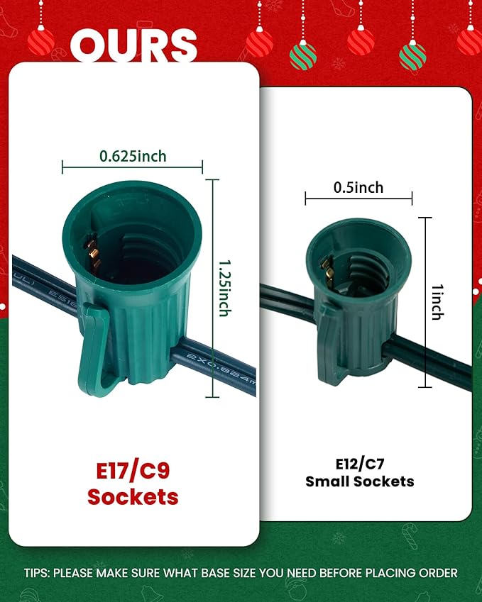 Brightown C9 Light Strand 50FT Green Cord Outdoor String Lights Christmas Stringer with 12 Socket Spacing C9/E17 Intermediate Base Indoor/Outdoor Stringer Set for Christmas Decor Patio