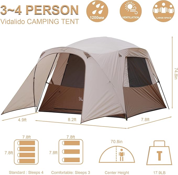 Vidalido 3-4 Person Tent with 1 Mesh Door and 2 Large Mesh Window Double Layer Waterproof Portable Family Cabin Tent 4 Person Tents for Outdoor Camping Hiking