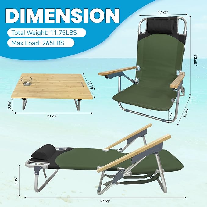2 Pack Low Backpack Beach Chair with Folding Bamboo Table for Adults 5-Position Lay Flat Reclining Chair Lightweight with Cooler Bag Supports 265 lbs