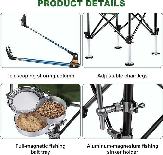 Folding Fishing Chair with Complete Accessories Portable Camping Chair for Outdoor Fishing 220LBS Load-Bearing Non-Slip All-Terrain Design with Storage Bags Carbon Steel Fishing Chair