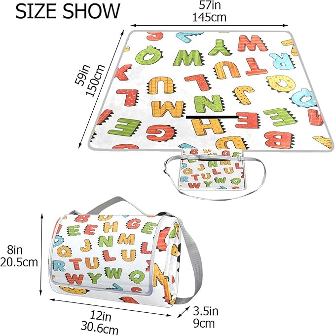 MNSRUU Picnic Blanket Waterproof Foldable ABC Simple Cartoon Large Outdoor Picnic Beach Camping Blanket Travel Mat Shoulder Strap Tote Rectangle 57x59in