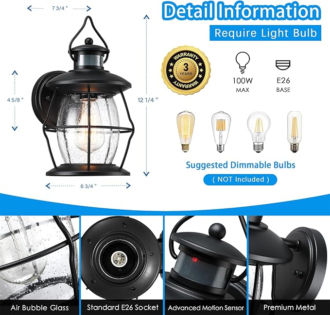 Outdoor Motion Wall Lights Advanced Dusk to Dawn Exterior Lighting Fixtures Wall SconceWaterproof Porch Light for Entryway Garage Patio PIR Motion Activated (Black)